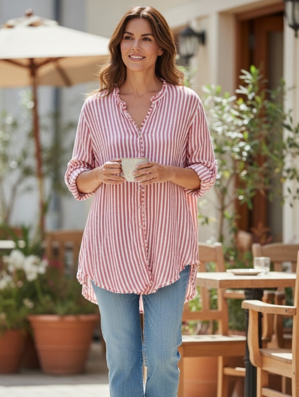 Women's Cato Red & White Striped Button Down Shirt L